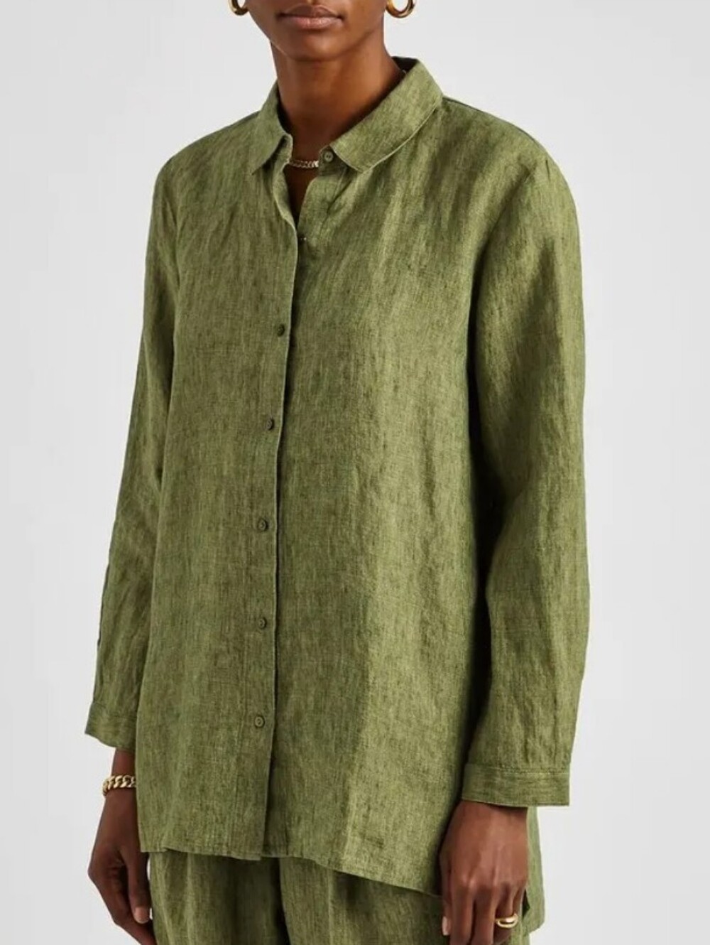 Eileen Fisher 100% Organic Linen Green Button Down Longsleeve Shirt Large